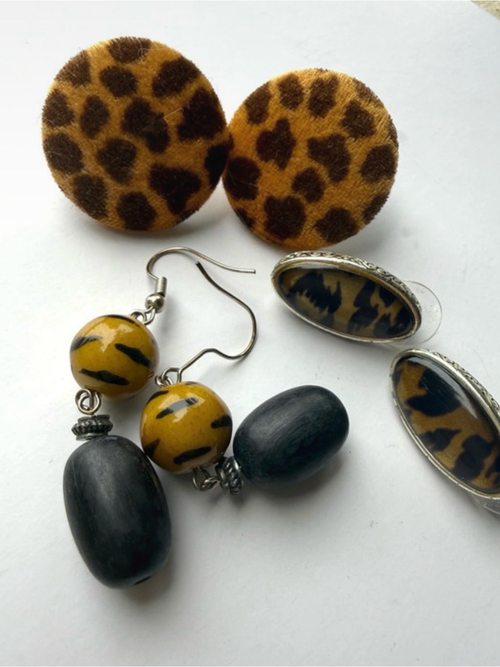 Leopard Print Button Earrings and Mixed Bead Drop Earrings - Yellow Brown